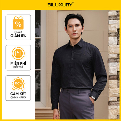 [T8_SALE 70%_HT] Áo Sơ Mi Dài Tay Phối Hoạ Tiết 8SMDH453DEN Biluxury Slimfit Chống Nhăn Bám Bẩn
