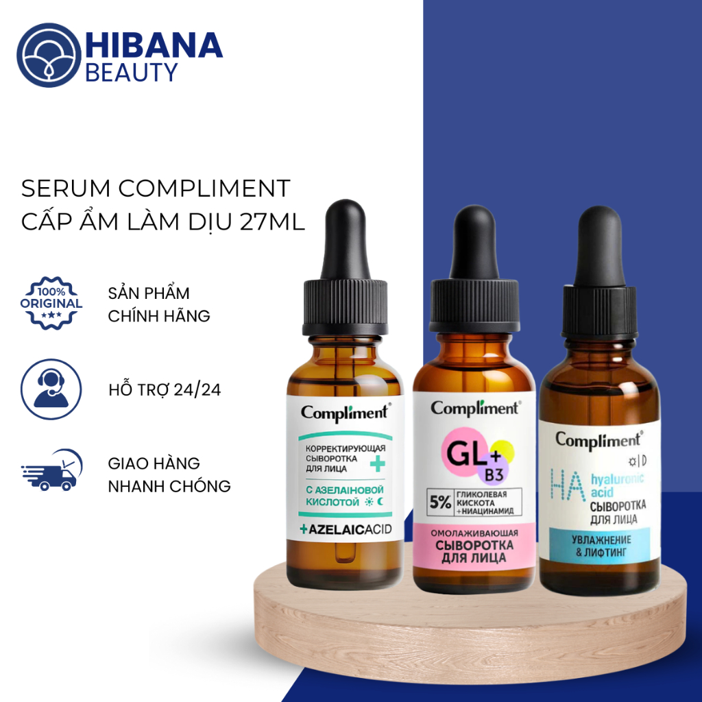 [NEW] Serum Compliment Glycolic Acid 5%, Azelaic Acid,HA 3% , B3 dưỡng sáng da, mờ thâm mụn 27ml