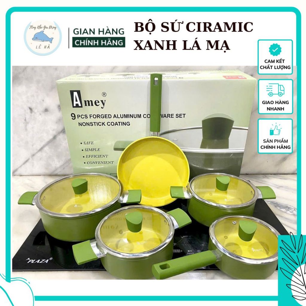Bộ nồi inox 304 cao cấp Amey, bộ nồi 5 món 9 đáy dày dặn chống gỉ dùng cho mọi loại bếp - Tổng Kho Gia Dụng Lê Hà