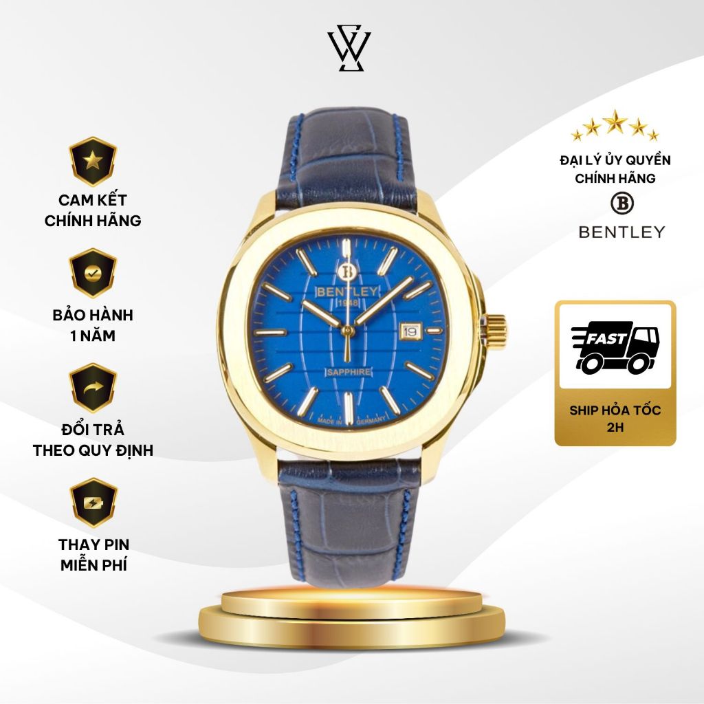 Đồng Hồ Bentley 40mm Nam BL1869-10MKNN Mặt xanh Mạ Vàng PVD Kính Saphire chính hãng
