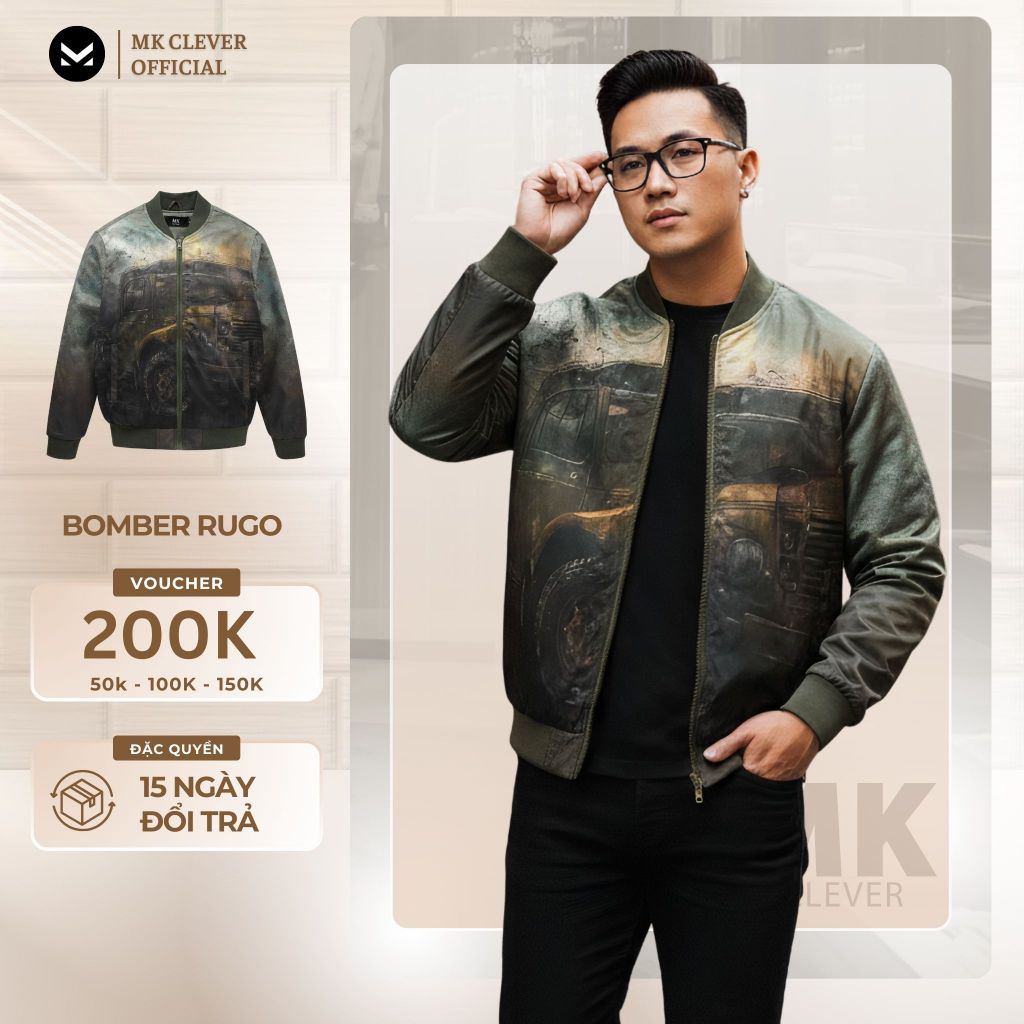 Áo khoác nam bomber Rugo MK CLEVER chất liệu vải gió trần bông dày dặn, giữ ấm tốt, form dáng trẻ tr