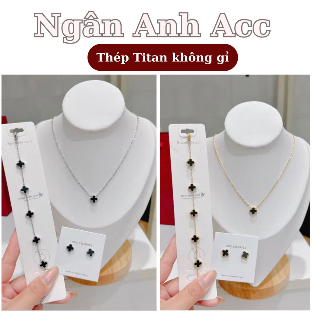 Set cỏ 4 lá titan không gỉ, vòng tay và dây chuyền cỏ bốn lá trắng bạc, bông tai, lắc tay cỏ mini dễ thương Ngân Anh Acc