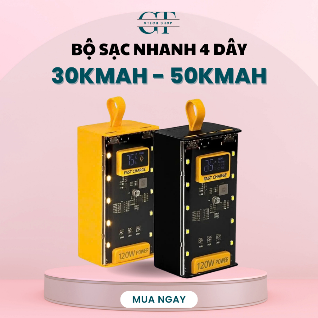 Bộ sạc điện thoại 30KmAh 50KmAh 4 cổng sạc nhanh màn hình led hiển thị có đèn pin chiếu sáng GTech