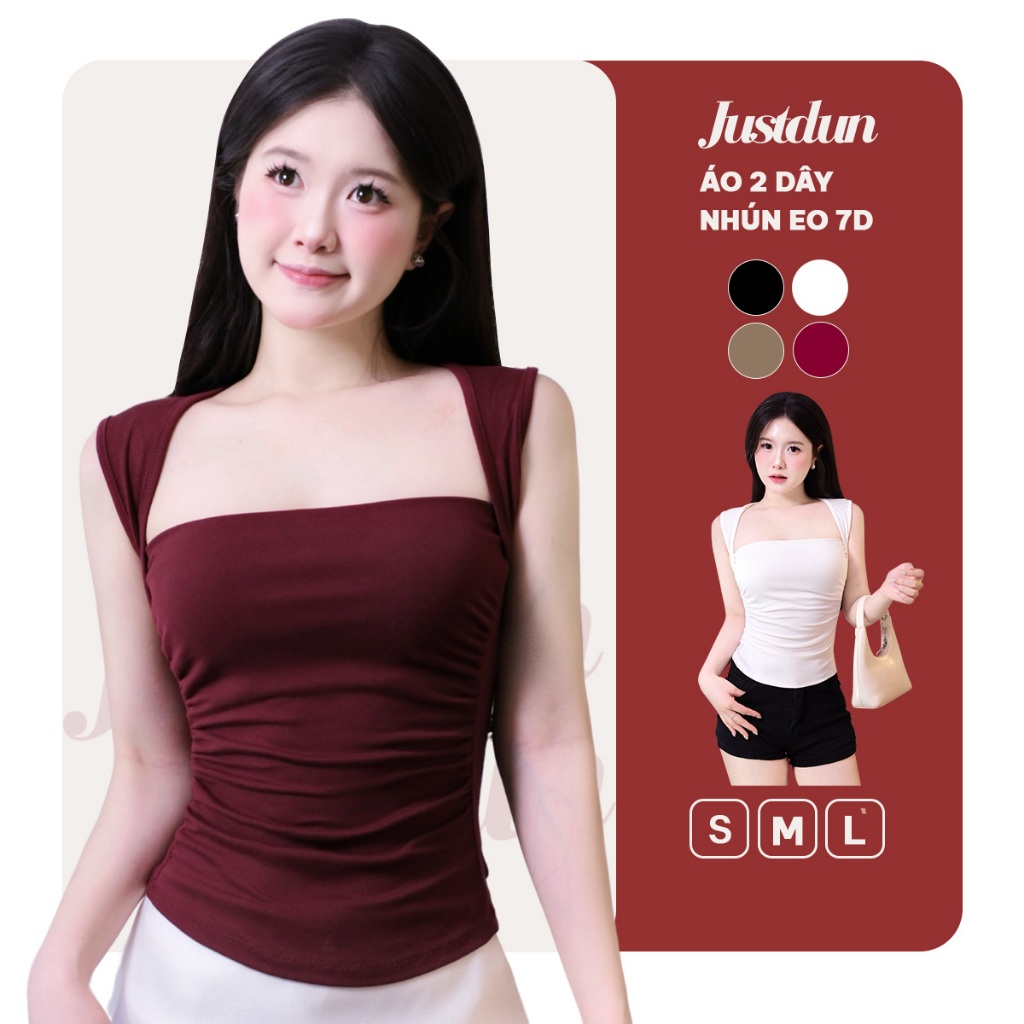Áo 2 Dây Sát Nách Ôm Body Basic Cúp Ngực Nhún Eo Viền Vai JUSTDUN 7D - Cotton Mịn, Tôn Dáng