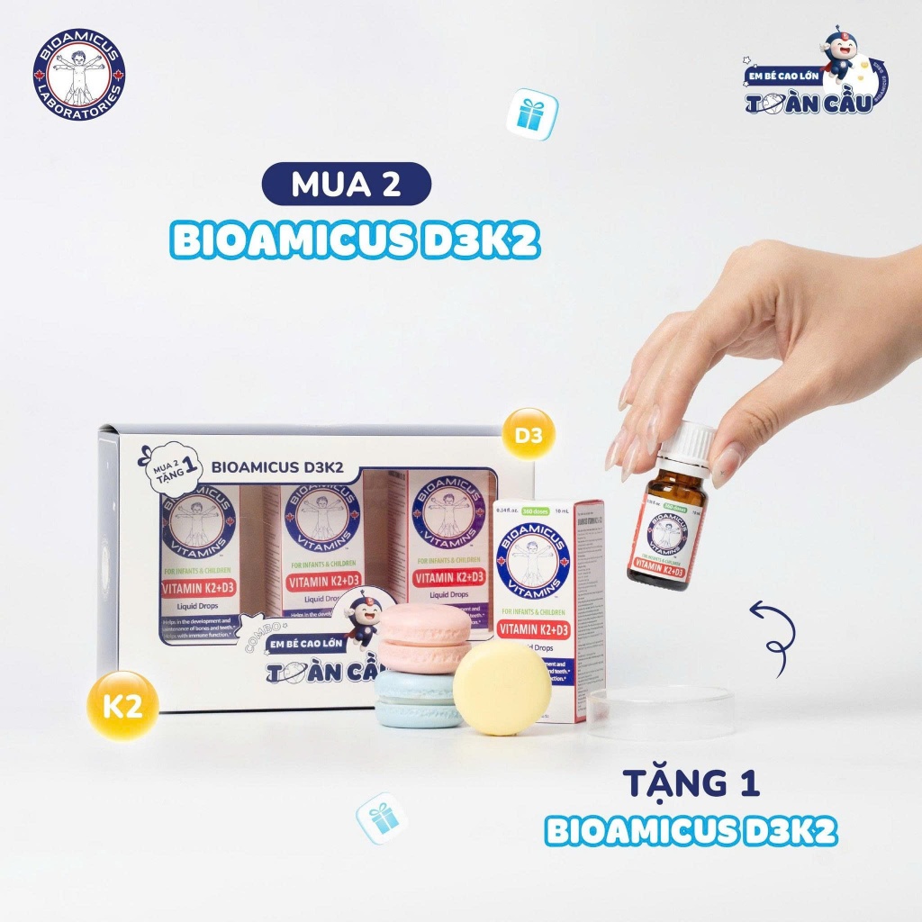 Có quà tặng| Vitamin D3k2 mk7 Bioamicus (d3 k2 mk7) dạng giọt hỗ trợ tốt cho xương, răng của bé (10m