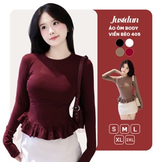  Áo Thun Nữ Dài Tay Ôm Body JUSTDUN 405 - Phối Viền Bèo Xinh Cotton Mịn Cao Cấp Tôn Dáng 