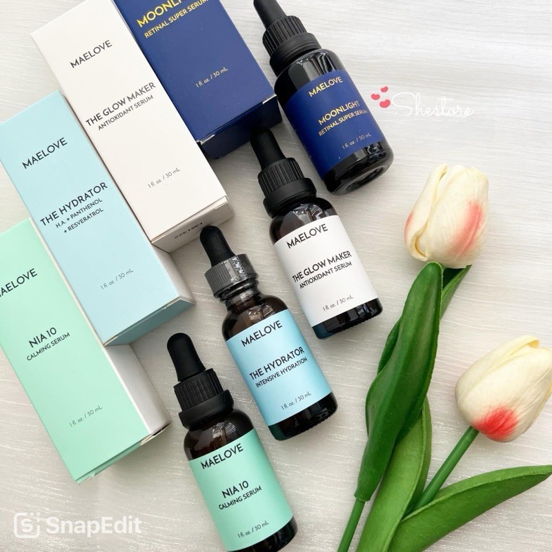 [Bill US] Tinh chất dưỡng da Maelove Glow Maker – Nia 10 Calming – Hydrator B5 Gel – Moonlight Retin