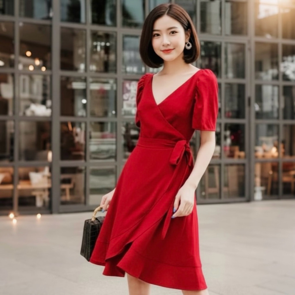 Đầm noel, váy tết màu đỏ cổ V tùng bèo thắt eo (kèm hình thật)