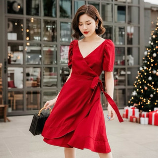 Đầm noel, váy tết màu đỏ cổ V tùng bèo thắt eo (kèm hình thật)