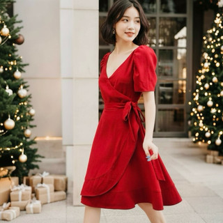 Đầm noel, váy tết màu đỏ cổ V tùng bèo thắt eo (kèm hình thật)