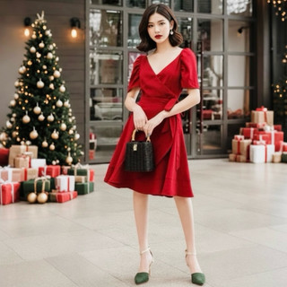 Đầm noel, váy tết màu đỏ cổ V tùng bèo thắt eo (kèm hình thật)