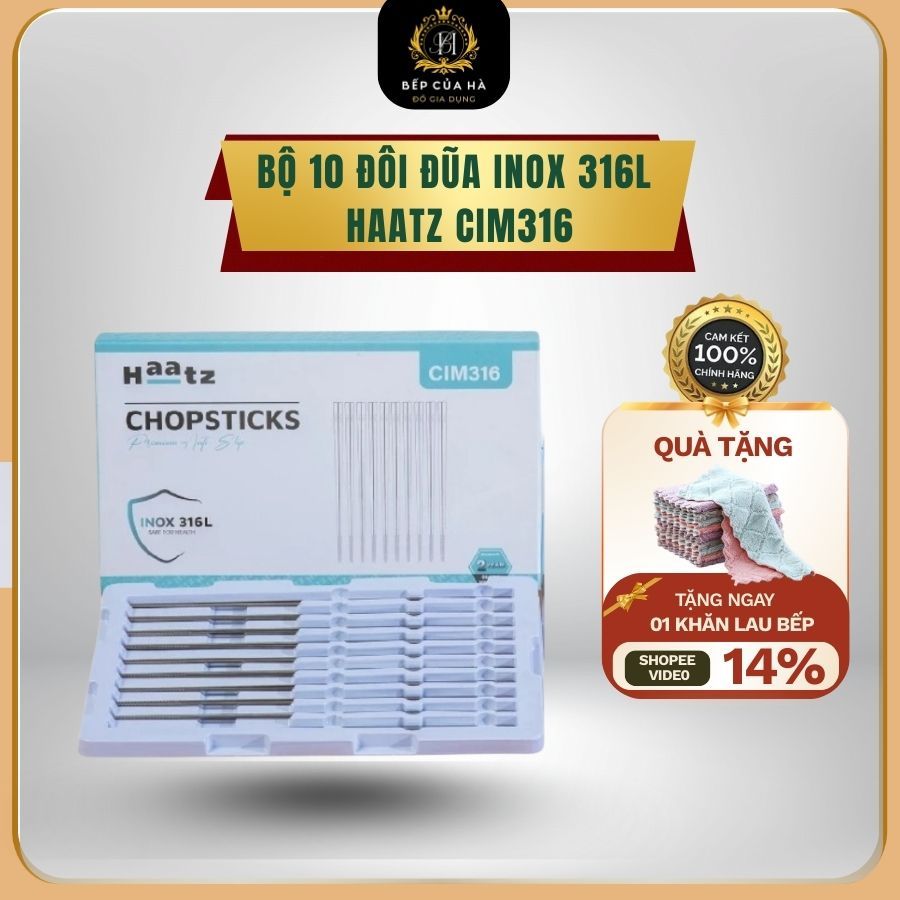Hộp 10 Đôi Đũa Inox, đũa inox không gỉ 316 Chính Hãng Haatz  Chống Trơn Trượt Hàng Cao Cấp - Bếp Của Hà