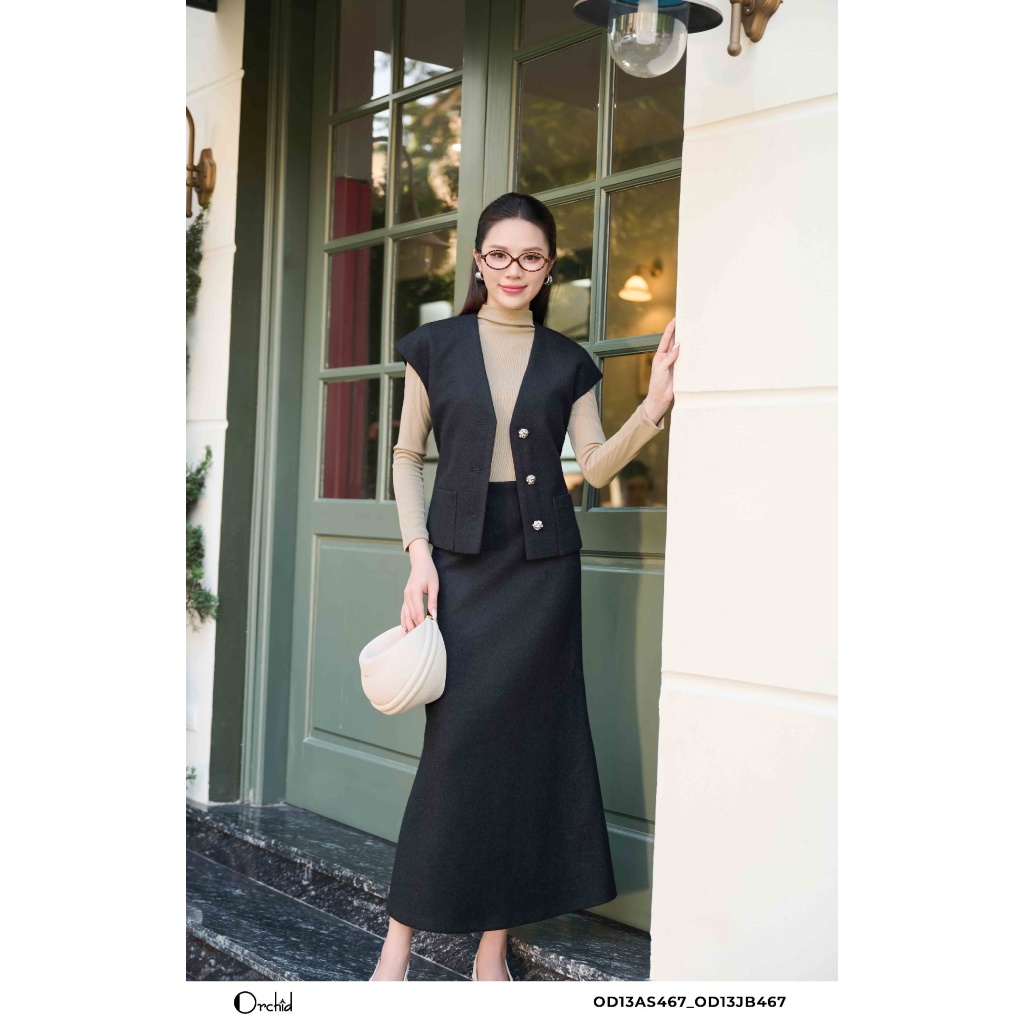 Set bộ áo gile kèm chân váy dáng dài chất dạ len co giãn Orchid - OD13AS467_OD13JB467