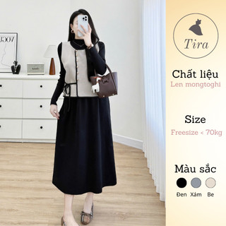  Set váy len bầu TIRA MAMA M481 Set váy bầu công sở dáng xòe kèm Áo gile cúc lệch dây buộc eo 