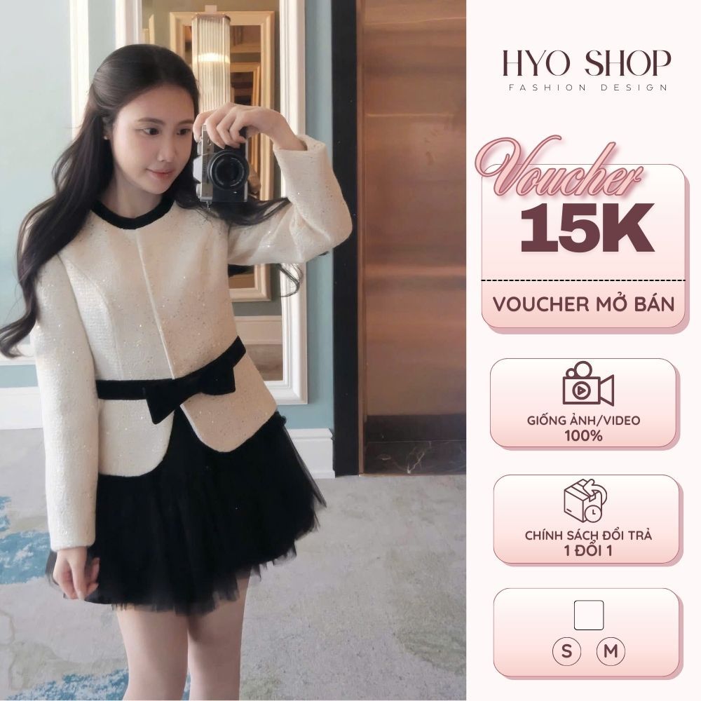 Set bộ dạ tweed kim tuyến tiểu thư đính nơ eo kèm chân váy xòe tầng sang chảnh - HYO SHOP