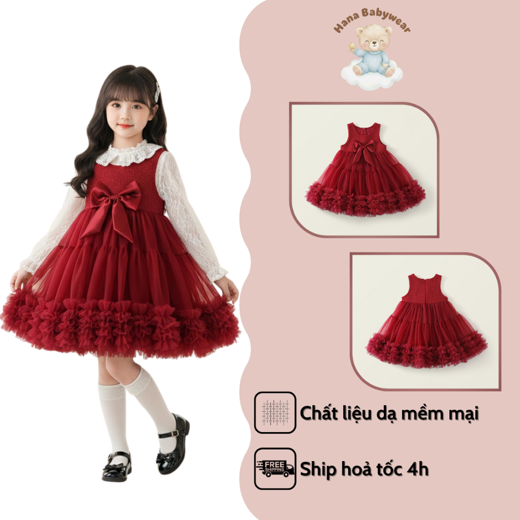 Váy Bé Gái Màu Đỏ, Thiết Kế Xếp Tầng Hoa Tùng, Phối Nơ Dễ Thương, Size Từ 11-30kg