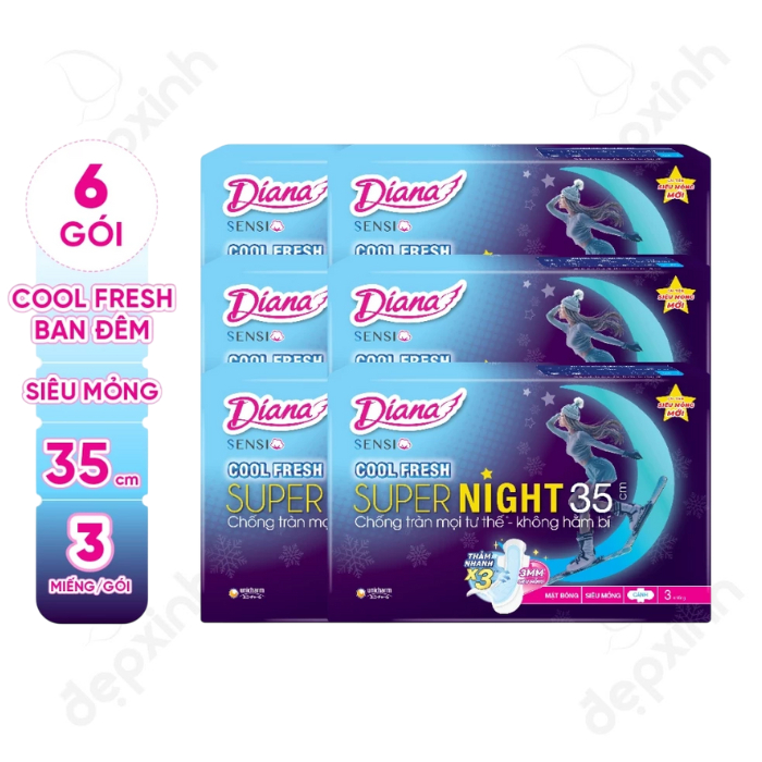 Combo 6 gói băng vệ sinh ban đêm Diana Sensi Cool Fresh Supernight 35cm 3 miếng/gói