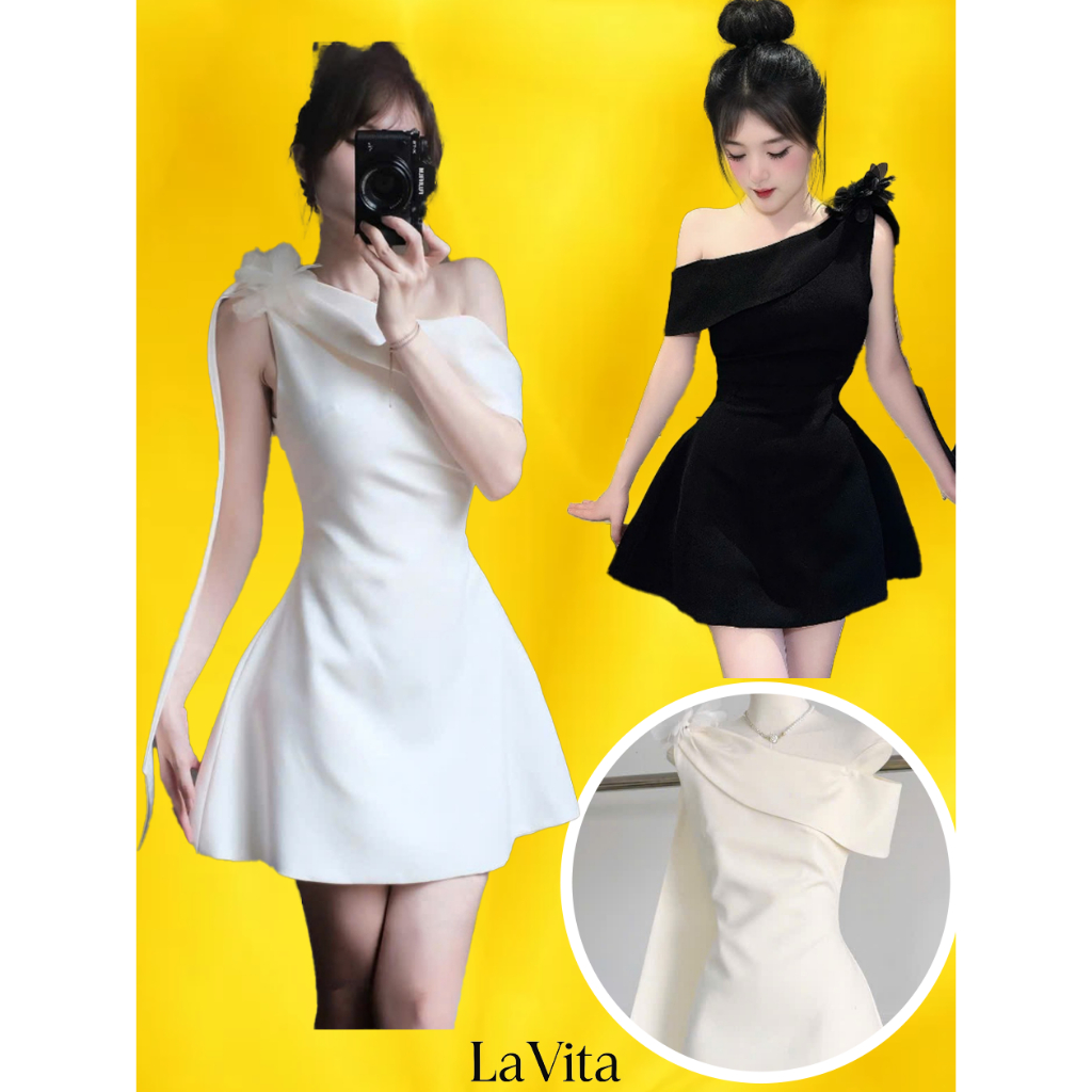Đầm váy nữ trắng tiểu thư lệch 🔥cotton ép xéo🔥 vai kèm tag hoa 3D tà dài váy xoè A bigsize dự tiệc c