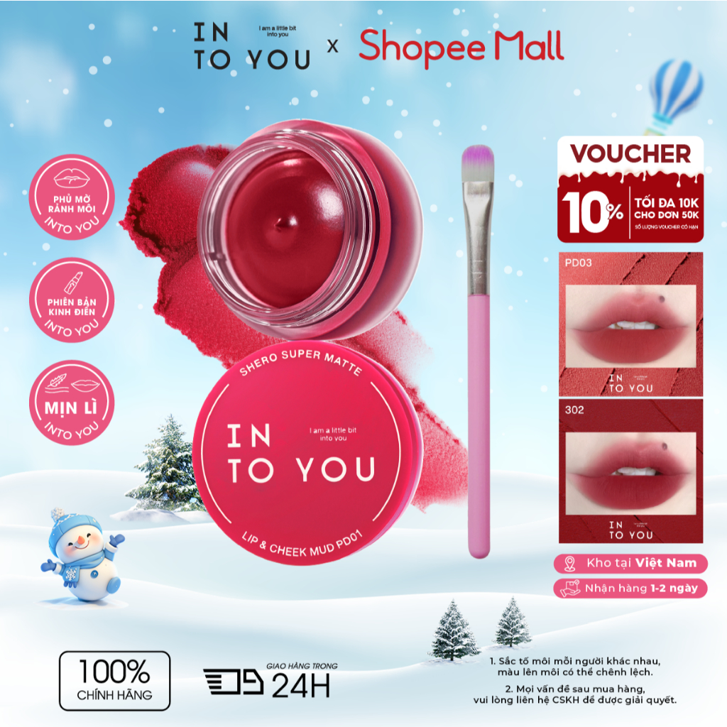Son Hũ INTO YOU Mịn Chất Son Lì Không Làm Khô Môi Dễ Tán Tặng Kèm Cọ Tán Dùng Cho Môi Và Má PD01 | BigBuy360 - bigbuy360.vn