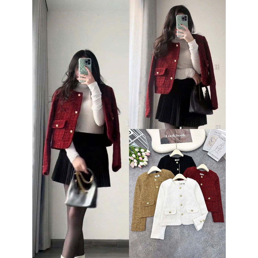 (Mở Bán): Áo Khoác Dạ Túi Nắp Đính Khuy Tròn Hoa Văn Nổi Chất Kẻ Dạ Dày Dặn 4 Mà Trẻ Trung Hack Tuổi