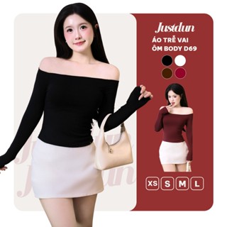 Áo Trễ Vai Tay Dài Nữ JUSTDUN D69 - Ôm Body Basic Cotton Mềm Mịn Tôn Dáng Thoáng Mát Co Giãn 