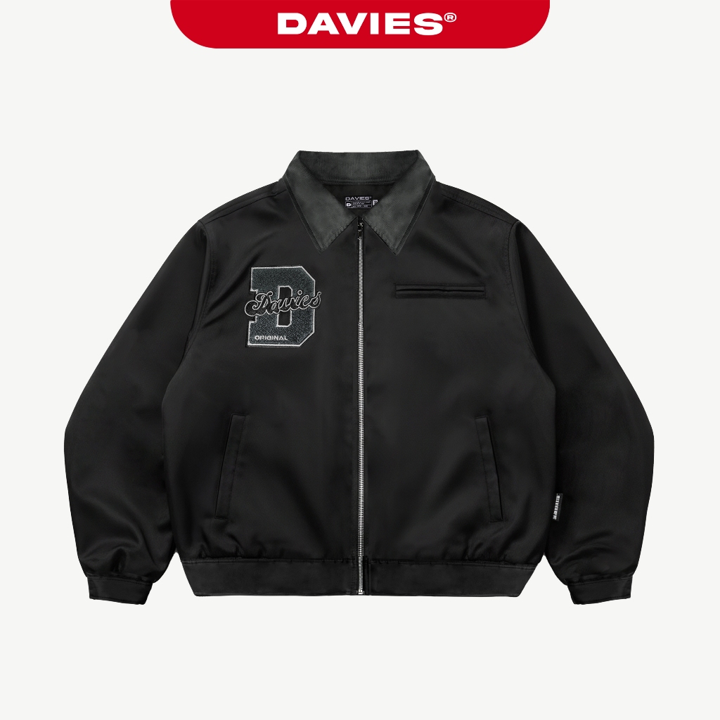 Áo khoác dù 2 lớp phối cổ nhung DAVIES thêu logo D dây kéo màu đen logo su có túi trong D Harrington
