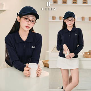   DELIZ  Áo len dài tay thêu nơ cổ bẻ phối cúc basic vặn thừng nhỏ cho nữ bst thu đông AL71 