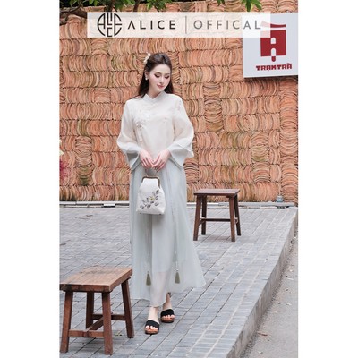 Set Váy Truyên Thống Alice, Áo Tơ Thêu Hoa Tay Lỡ Loe 2 Tầng Phối Chân Váy Tơ Óng Hàn Dáng Maxi Xòe Nhẹ S1009