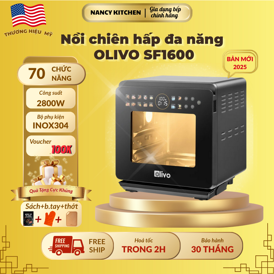 [Chính hãng] Nồi chiên hơi nước đa năng Olivo SF1600,Công nghệ Eco Fry,màn hình Oled,công suất 2800W