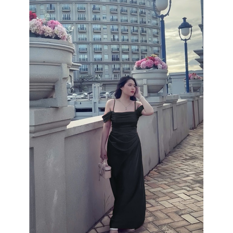 [Kèm Hoa] Đầm Lụa Bigsize nista Dáng Dài Bẹt Vai Có Mút Xếp Ly Eo Siêu Sang Bigsize Từ 55-90K PhTh06 | BigBuy360 - bigbuy360.vn