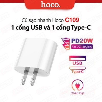 Củ sạc nhanh PD20W 1 cổng Type-C và 1 cổng USB Hoco C109 tương thích với nhiều thiết bị, chân dẹt
