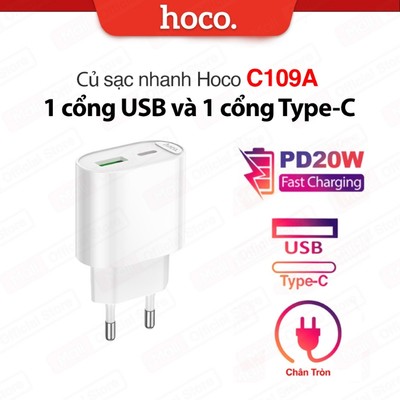 Củ sạc nhanh PD20W 1 cổng Type-C và 1 cổng USB Hoco C109 / C109A tương thích với nhiều thiết bị