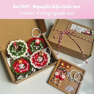 [DIY] Set nguyên liệu móc len 4 chiếc vòng nguyệt quế làm móc khóa, quà tặng trang trí giáng sinh/noel