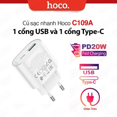 Củ sạc nhanh PD20W Hoco C109A 1 cổng Type-C và 1 cổng USB tương thích với nhiều thiết bị (chân tròn)