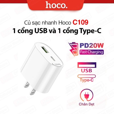 Củ sạc nhanh PD20W Hoco C109 / C109A 1 cổng Type-C và 1 cổng USB tương thích với nhiều thiết bị
