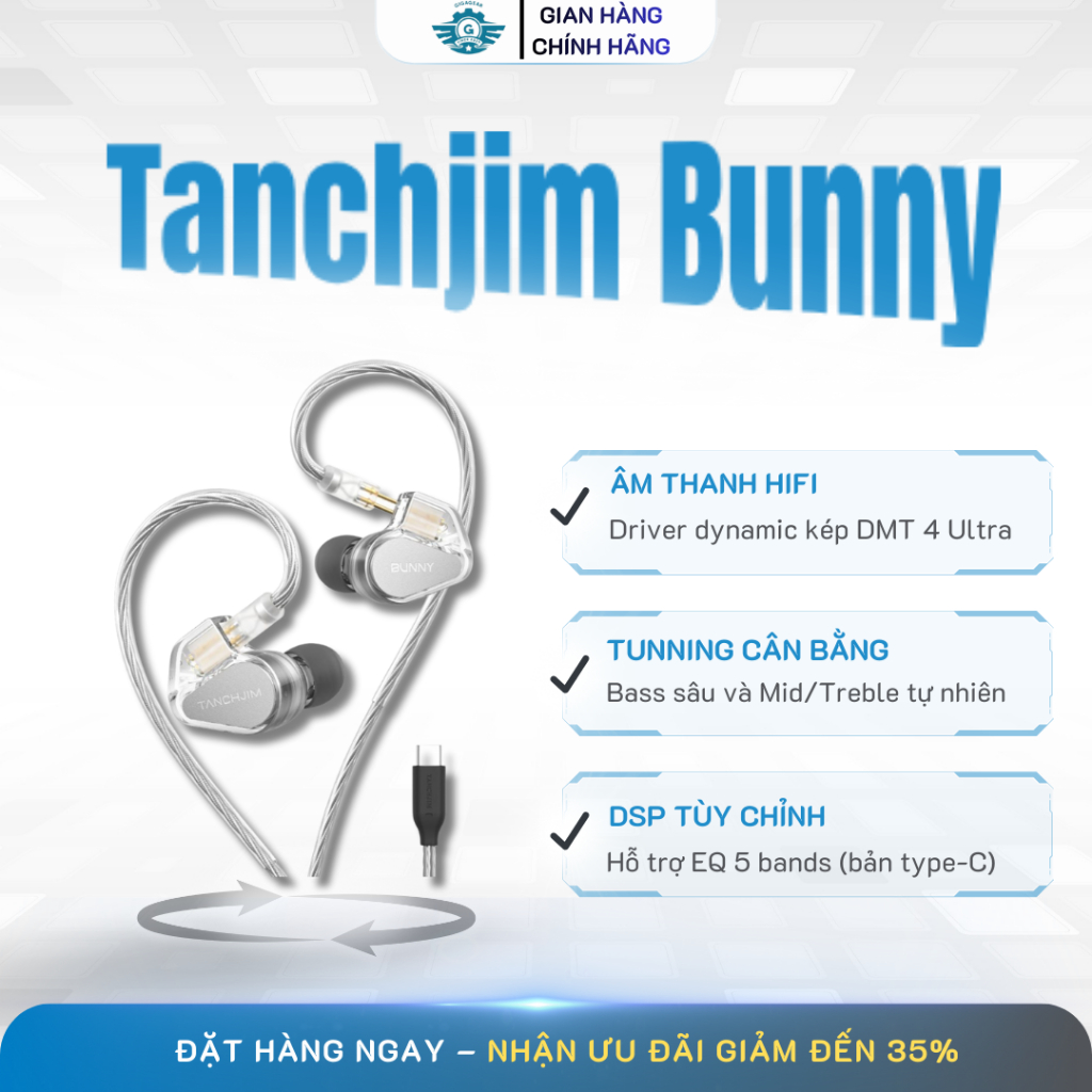 🎧 TANCHJIM Bunny –Tai Nghe In-Ear Dynamic IEM + DSP Type-C/3.5mm: PET-Ti, Double-Chamber, 5-Band EQ
