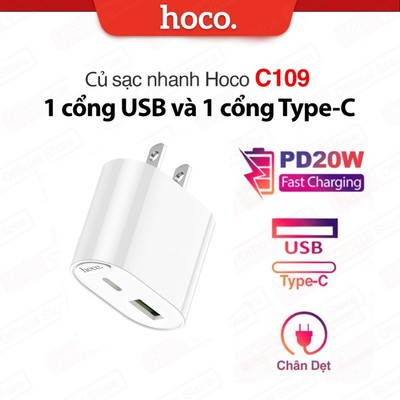 Củ sạc nhanh PD20W Hoco C109 1 cổng Type-C và 1 cổng USB tương thích với nhiều thiết bị, chân dẹt