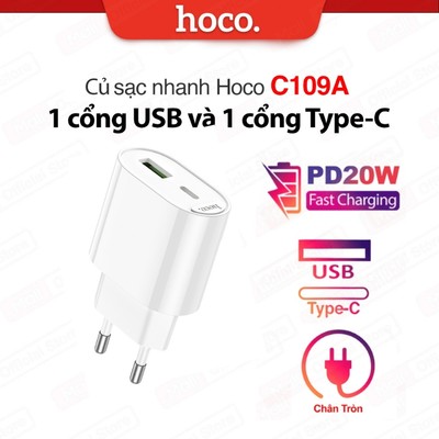 Củ sạc nhanh PD20W 1 cổng Type-C và 1 cổng USB Hoco C109A tương thích với nhiều thiết bị (chân tròn)