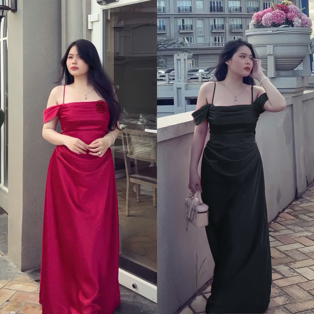 [Kèm Hoa] Đầm Lụa Bigsize nista Dáng Dài Bẹt Vai Có Mút Xếp Ly Eo Siêu Sang Bigsize Từ 55-90K PhTh06