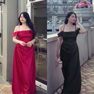   Kèm Hoa  Đầm Lụa Bigsize nista Dáng Dài Bẹt Vai Có Mút Xếp Ly Eo Siêu Sang Bigsize Từ 55-90K PhTh06 