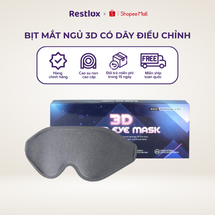 Bịt Mắt Ngủ 3D Cao Cấp RESTLUX Bịt Mắt Thoáng Khí Có Dây Điều Chỉnh Không Tạo Áp Lực Cho Mắt Chắn Sáng 99% - RBM01