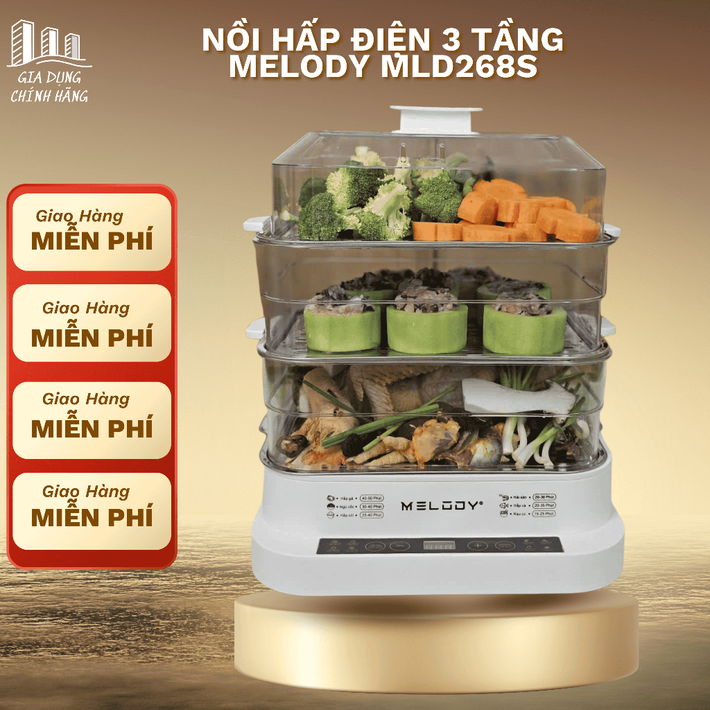 Nồi Hấp Điện 3 Tầng Melody MLD268S- Nồi Hấp Đa Năng- Công Suất 1000W- Bảo Hành 12 Tháng