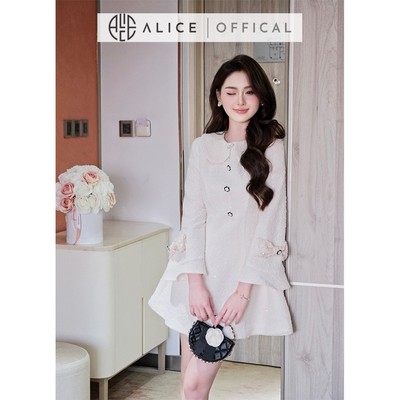 Váy Nữ Cao Cấp Alice Chất Dạ Len, Đầm Ngắn Chữ A Cổ Sen Bản To Có Đệm Vai Tay Bồng Nhẹ Có Cúc Đá T379
