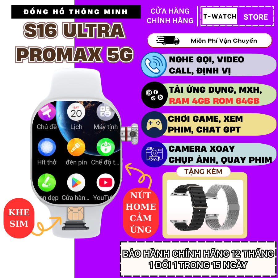 Đồng Hồ Thông Minh Lắp Sim S16 ULTRA PROMAX 5G Nghe Gọi, Tải Ứng Dụng, Nút Home Cảm Ứng, Chat GPT