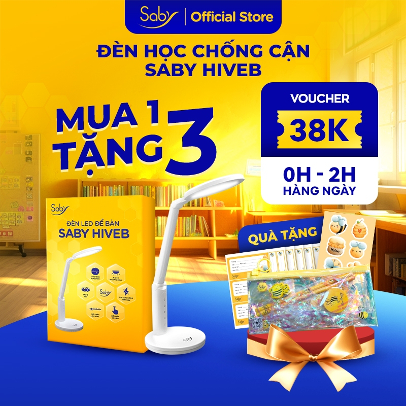 Đèn học đọc sách làm việc chống cận Saby Hiveb, 3 chế độ sáng tắt bật cảm ứng Combo kèm Ổ điện đa năng CubeZ