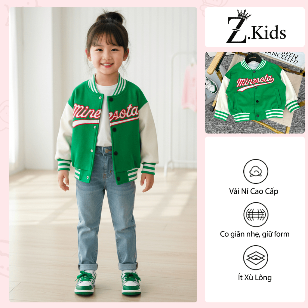Áo Bomber Nỉ Varsity Z Kids Phối Màu Xanh Trắng Cho Bé (Sz 5-13) Unisex 23522