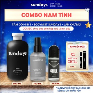   TẶNG NƯỚC HOA  COMBO NAM TÍNH SỮA TẮM GỘI RỬA MẶT 4IN1 SUNDAYS 500ML & BODYMIST NAM XỊT THƠM TOÀN THÂN 140ML 