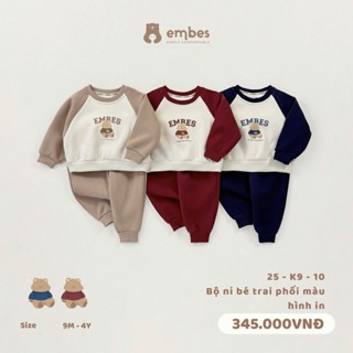  Bộ Nỉ Cho Bé Embes Bộ Nỉ Dài Tay Phối Màu In Họa Tiết Chất Nỉ Dày Dặn Cho Bé Trai Bé Gái Từ 8-18kg 