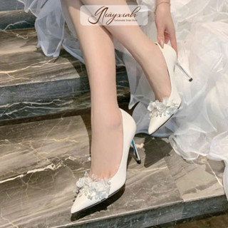  Giày Cưới Thiết Kế Đính Dải Hoa Ngọc Ngà Giày Cao Gót  Mũi Nhọn Gót Cao 9cm Cho Nàng Đi Tiệc 