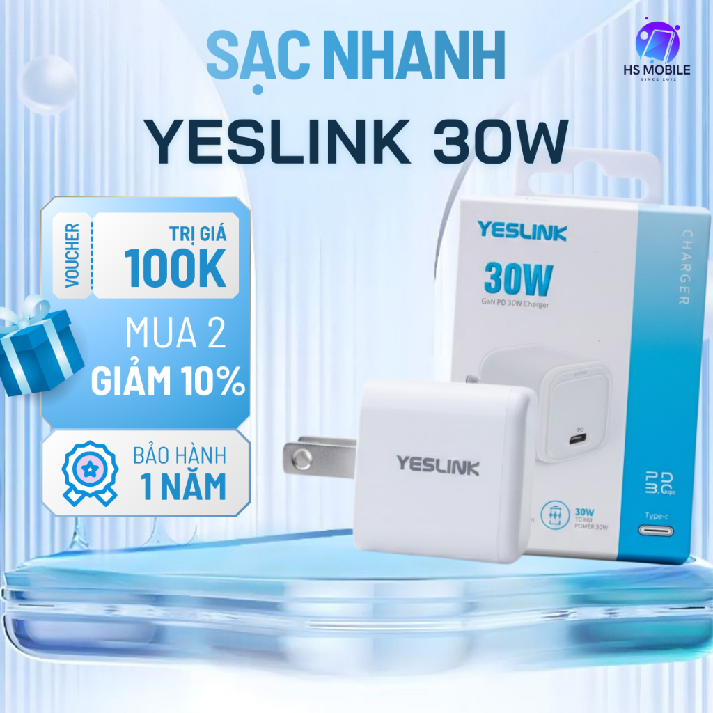 Sạc nhanh Yeslink 30W GaN cổng Type-C – Củ sạc nhỏ gọn, hiệu suất cao cho điện thoại, tablet